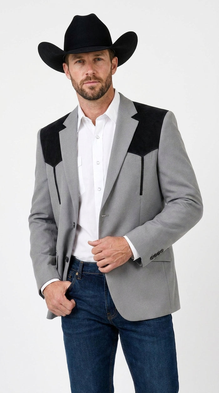 Men’s Grey Western Blazer with Black Suede Yoke – Cowboy Sport Coat for Rodeo, Country Wedding & Ranch Wear