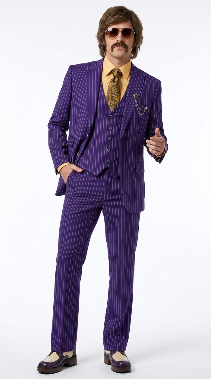 Men’s Purple Pinstripe 3-Piece Suit – 1970s Disco, Pimp, Retro Rockabilly and Party Suit Modern Fit