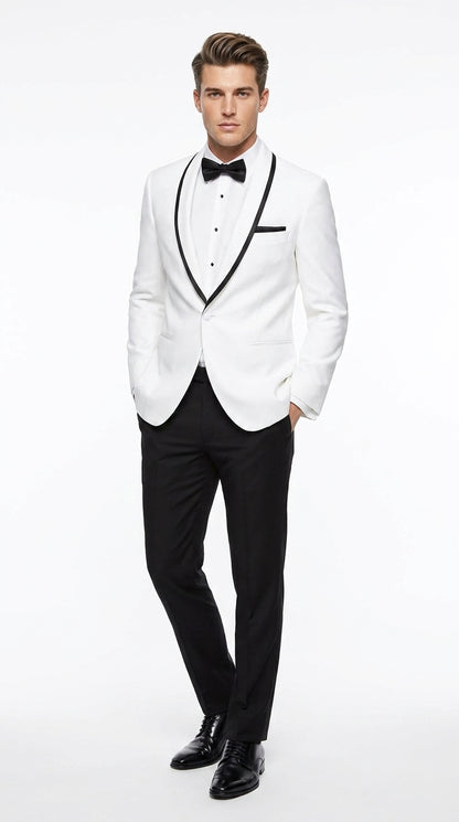 Men’s White Tuxedo Jacket – Black Trim Shawl Lapel Formal Dinner Blazer for Weddings, Prom Wedding Blazer Modern fit