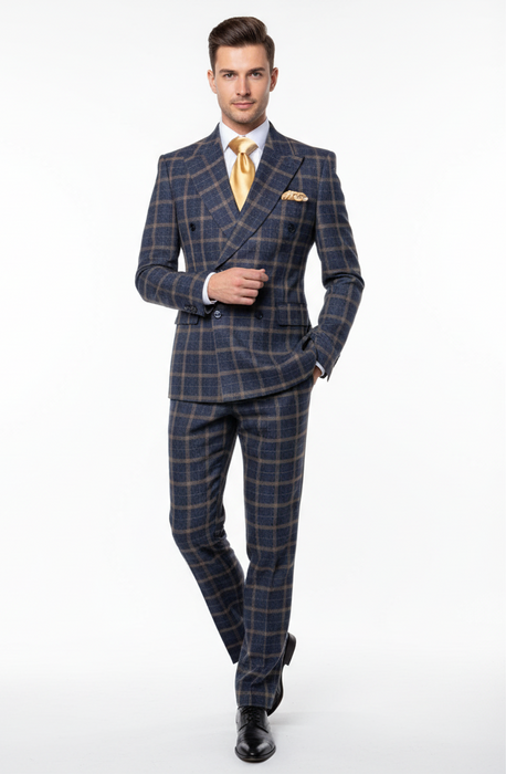 Men’s Navy and Tan Windowpane Double-Breasted Suit | Classic 2-Piece Plaid Dress Suit, Business, and Formal Events By Rossiman