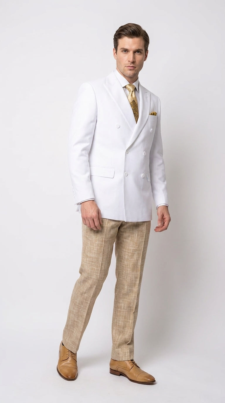 Men’s White Double Breasted Blazer, Formal Dress Jacket for Weddings, Prom, Parties, Dinner Events, and Special Occasions