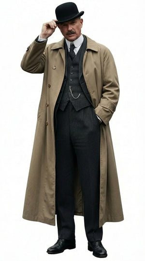 Men's Beige Cotton Trench Coat Suit Package – Classic Long Overcoat
