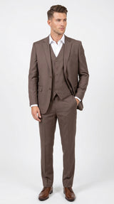 Men’s Zagarie Brand Light Brown Mocha 3-Piece Wool Suit – Modern Wedding, Business and Formal Suit with Pick Stitching