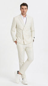 Men’s Ivory Cream Double-Breasted Linen Suit – Off-White Summer Wedding Slim Fitted 2-Piece Suit Cream Color