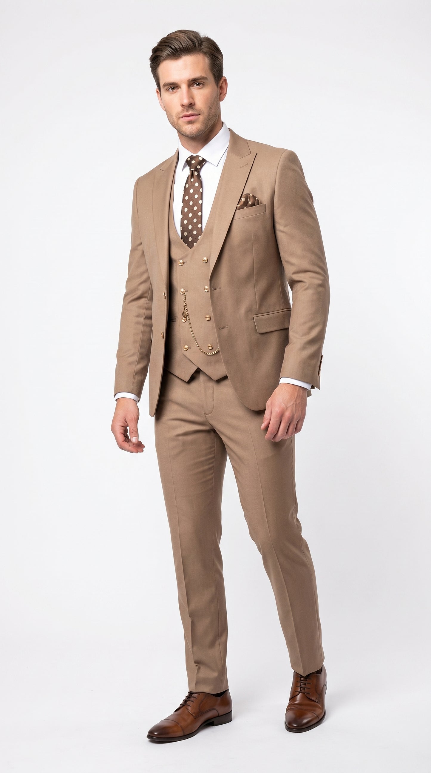 Men’s Rossiman Tan Suit with Gold Buttons, Peak Lapel Jacket and Double Breasted Vest Modern Fit