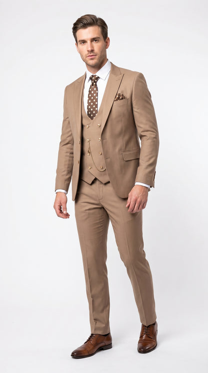 Men’s Rossiman Tan Suit with Gold Buttons, Peak Lapel Jacket and Double Breasted Vest Modern Fit