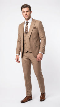 Men’s Rossiman Tan Suit with Gold Buttons, Peak Lapel Jacket and Double Breasted Vest