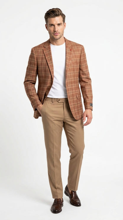 Vitali Men’s Rust Copper Brown Plaid Blazer with Tan Pants – Classic Windowpane, Business and Smart-Casual Birck color  Suit