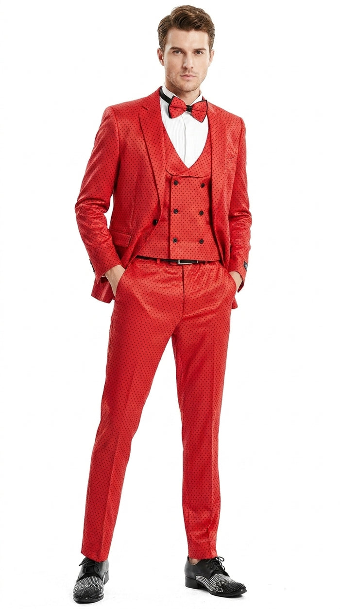 Tazio Men’s Cherry Red and Black  Polka-Dot 3-Piece Suit – Skinny Fit Prom, Wedding and Party Suit or Tuxedo