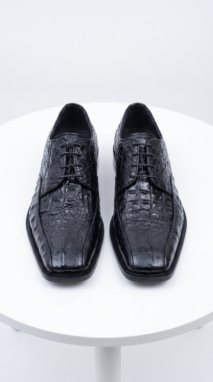 Men’s Los Altos Black Gator Belly Dress Shoes with Lace Up Front, Exotic Style Formal Shoes