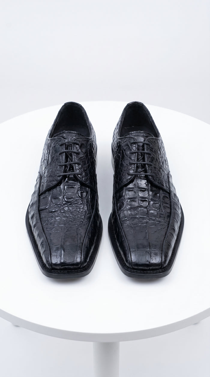 Men’s Los Altos Black Gator Belly Dress Shoes with Lace Up Front, Exotic Style Formal Shoes