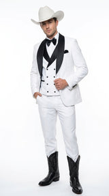 Men’s White and Black Western Wedding Tuxedo – Cowboy Style 3-Piece Traje para Boda with Double-Breasted Vest