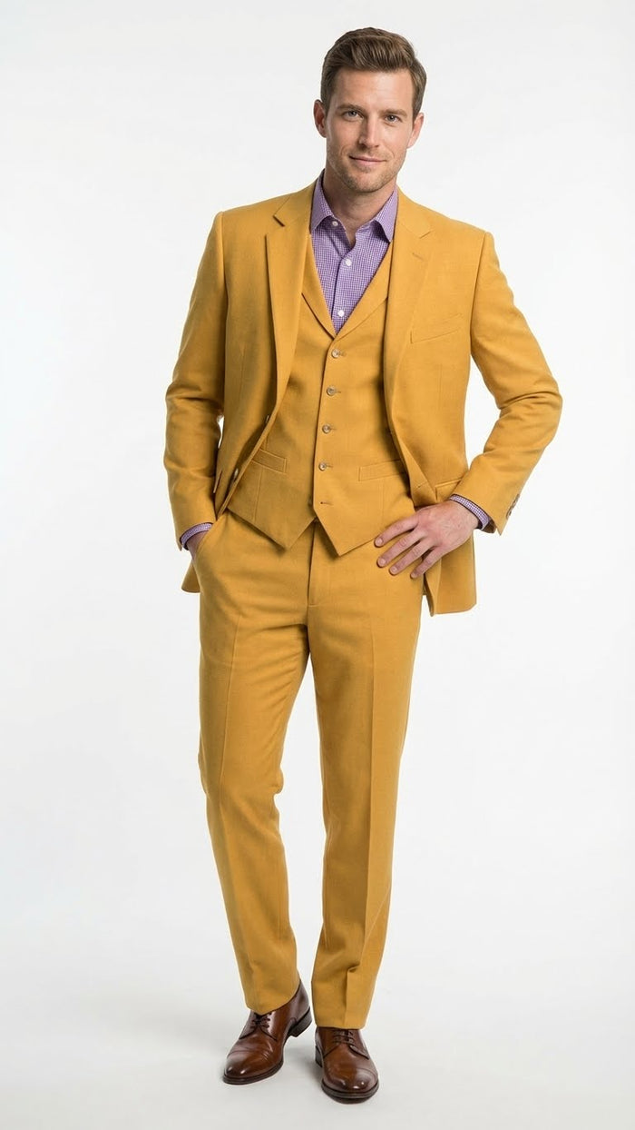 Men’s Mustard Yellow Three Piece Suit | 2 Button Notch Lapel in Gold Color - Church Suit Modern Fit