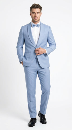 Men’s Powder Blue 3 Piece Tuxedo Suit – Light Blue Shawl Lapel Wedding Prom Suit with Vest