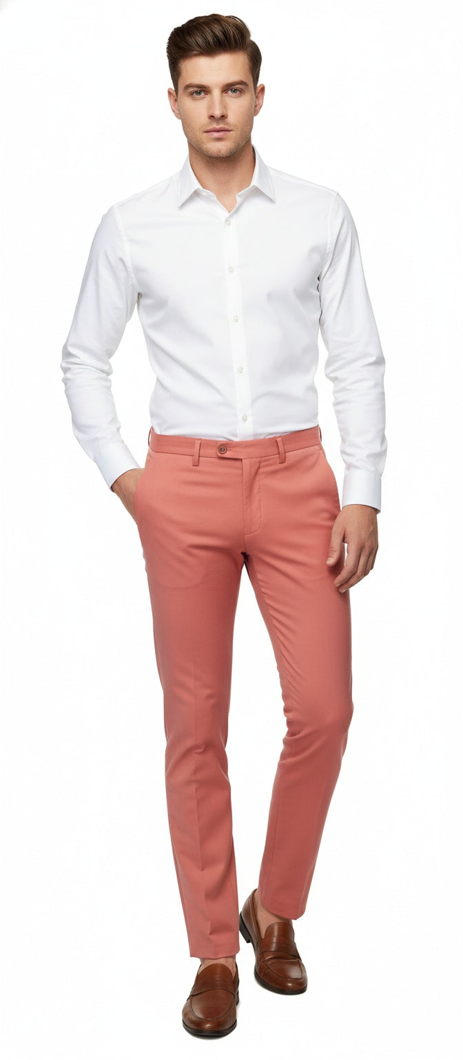Mens Slim Fit Coral Pink Dress Pants – Stylish Formal and Casual Trousers for All Occasions Pink / Dress Size Pants: 28 Unfinished Bottom