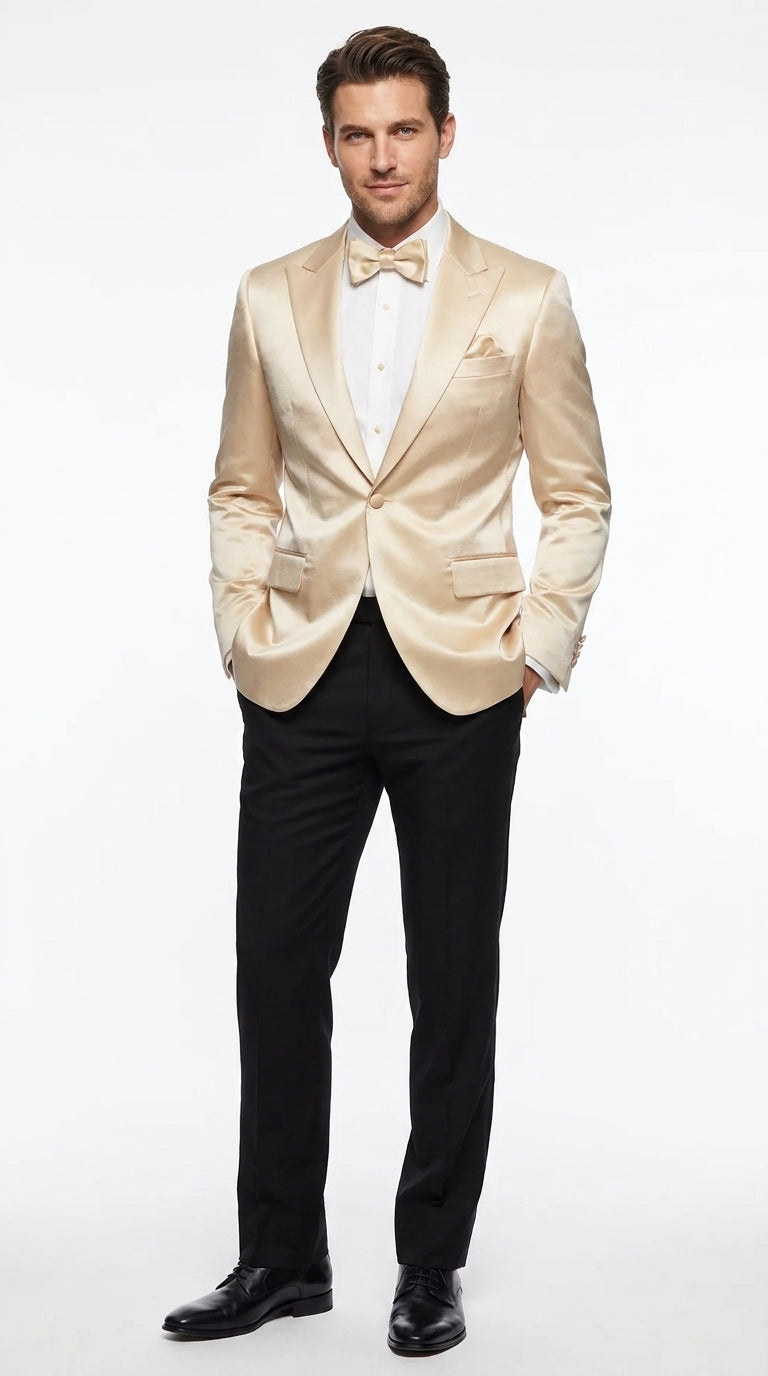 Men’s Champagne Tuxedo Dinner Jacket – Satin Finish Formal Wedding Prom Blazer and Bowtie included
