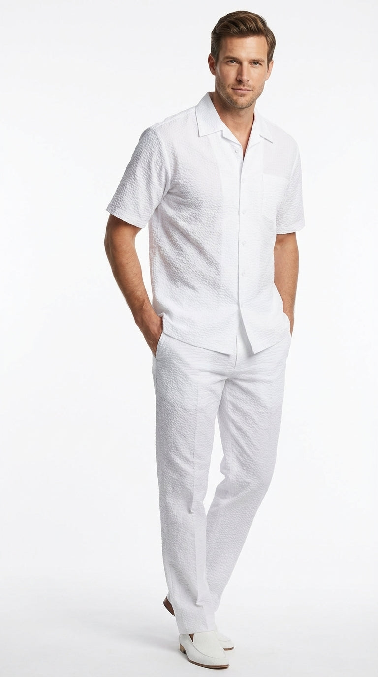 dress men tuxedo shirt white short sleeve Mens White Seersucker Walking Suit Set – Casual Summer Short Sleeve Outfit with Matching Pants Lightweight Two Piece Set White / M