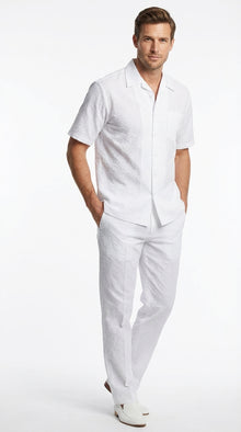 Mens White Seersucker Walking Suit Set – Casual Summer Short Sleeve Outfit with Matching Pants Lightweight Two Piece Set