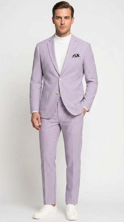 Men’s Lavender Seersucker 2 Piece Suit, Lightweight Summer Blazer and Pants Set for Weddings, Parties, Prom, and summer fabric
