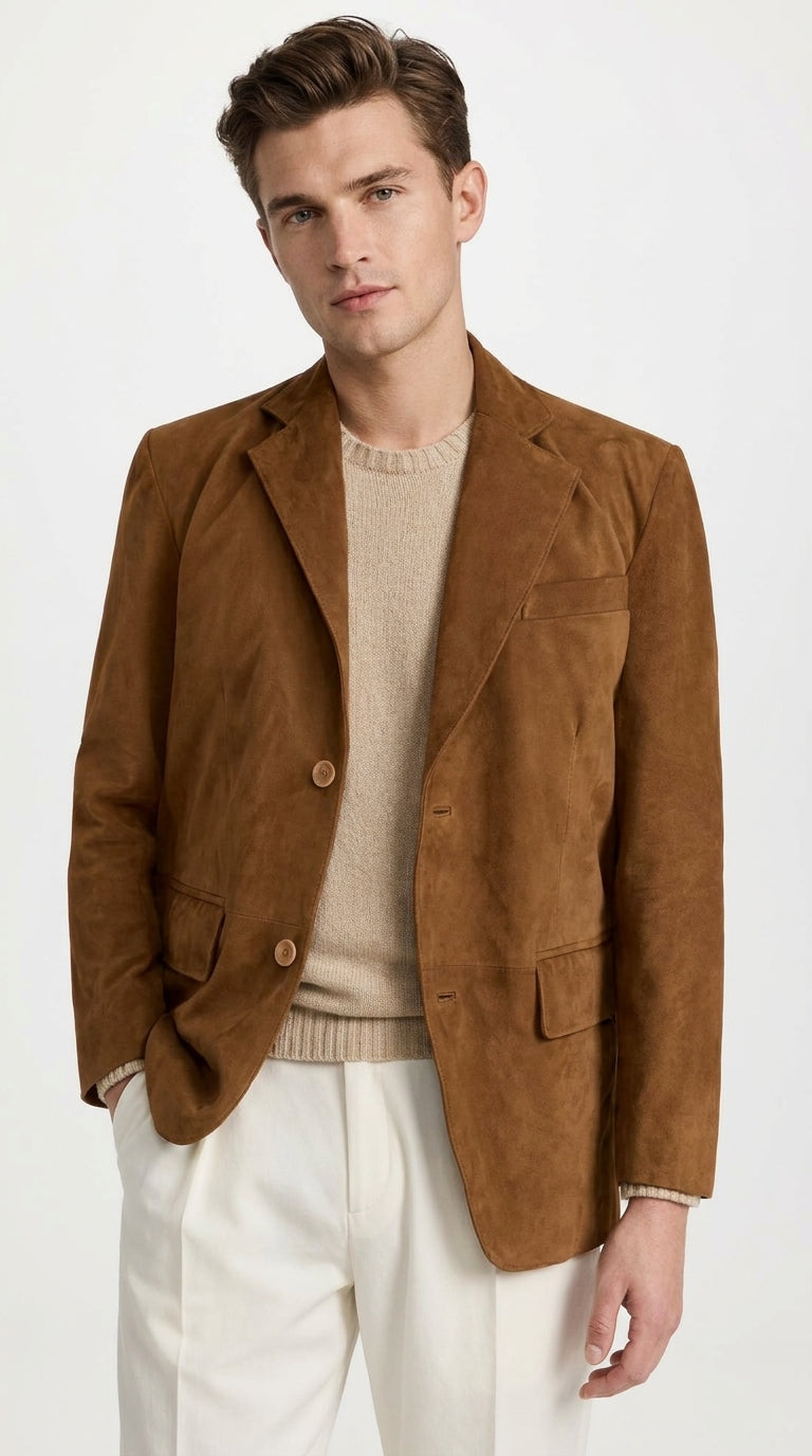 Men’s Camel Brown Suede Leather Blazer – Classic Two Button Suede Sport Coat
