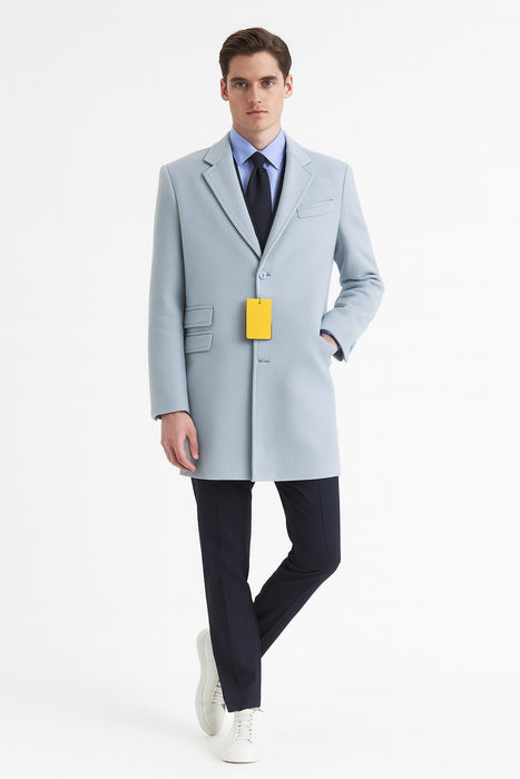 Mens Light Blue Wool Overcoat – Modern Long Coat with Classic Tailored Fit in Sky Blue