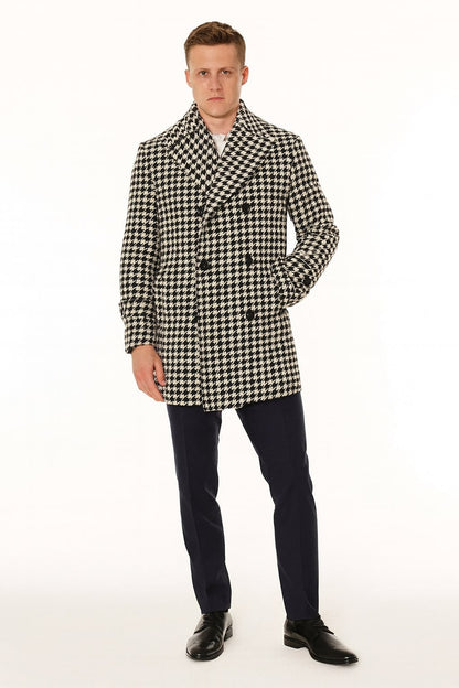 Mens Houndstooth Double-Breasted Overcoats – Classic Black and White Wool Blend Peacoat Wool Fabric