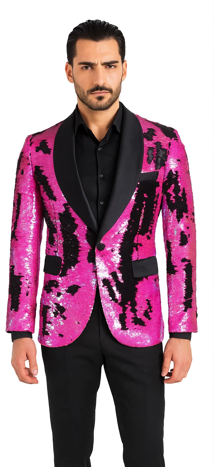 1 Button Reversible Sequin Blazers In Fuchsia and Black Cheap Prom Tuxedos - Image 2