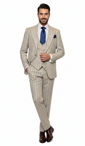 Men's Beige with blue Pinstripe Three-Piece Suit with Vest by Rossiman Vested Peak Lapel in Tan Stripe 1920s style