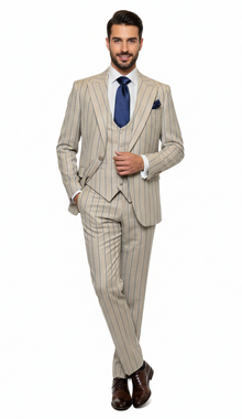 Men's Beige with blue Pinstripe Three-Piece Suit with Vest by Rossiman Vested Peak Lapel in Tan Stripe 1920s style