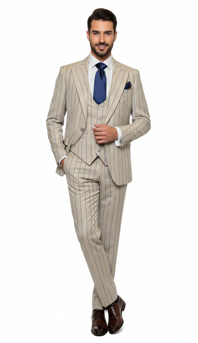 Men's Beige with blue Pinstripe Three-Piece Suit with Vest by Rossiman Vested Peak Lapel in Tan Stripe 1920s style