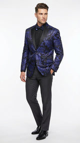 Mens Blue Paisley Jacquard Blazer – Luxury Pattern Tuxedo Dinner Jacket with Black Satin Lapel for Wedding, Prom With Bowtie
