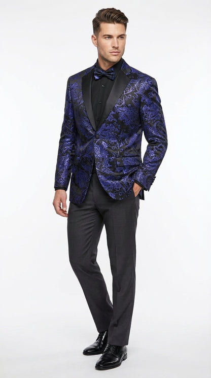 Mens Blue Paisley Jacquard Blazer – Luxury Pattern Tuxedo Dinner Jacket with Black Satin Lapel for Wedding, Prom With Bowtie