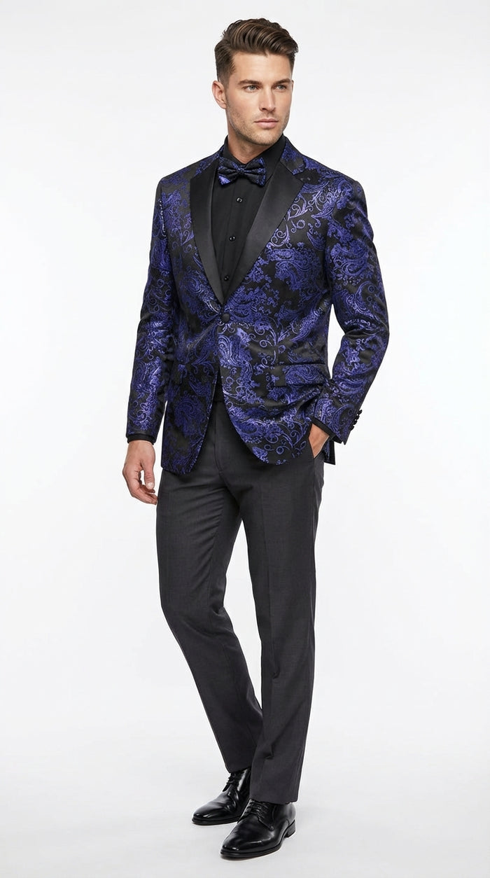 Mens Blue Paisley Jacquard Blazer – Luxury Pattern Tuxedo Dinner Jacket with Black Satin Lapel for Wedding, Prom With Bowtie