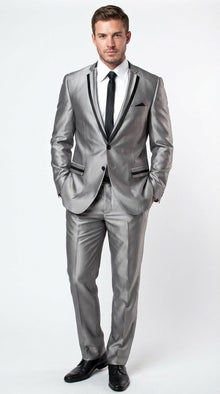 Men’s Silver Sharkskin Tuxedo Suit with Black Piping – Shiny Two Button Formal Suit for Wedding, Prom and Party Wear