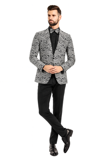 Men’s Black and Silver Paisley Tuxedo Jacket – Slim Fit Dinner Blazer with Matching Bow Tie with Black Pants $169