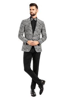 Men’s Black and Silver Paisley Tuxedo Jacket – Slim Fit Dinner Blazer with Matching Bow Tie with Black Pants