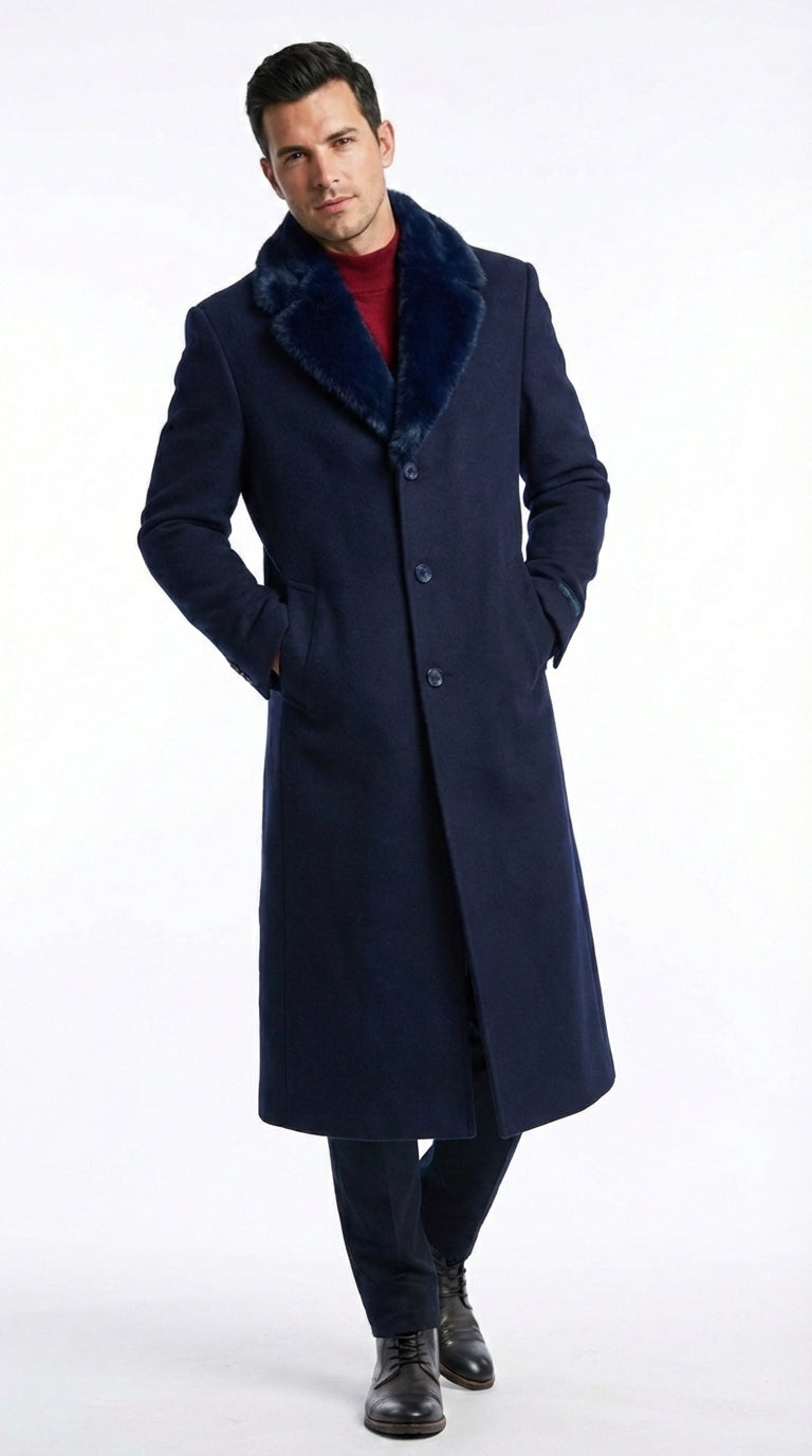 Men’s Dark Navy Blue Long Overcoat with Faux Fur Collar, Classic Winter Dress Coat for Formal Navy Blue / Coat Size 40