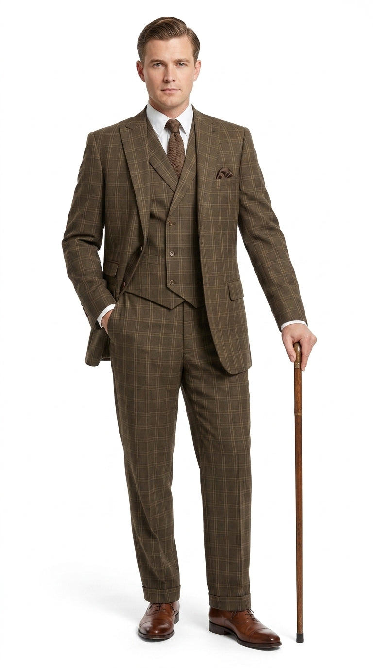 Men’s 1930s Brown Plaid 3 Piece Suit, Vintage Formal Wedding Business Dress Suit Set  Modern Fit