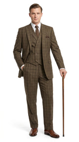 Men’s 1930s Brown Plaid 3 Piece Suit, Vintage Formal Wedding Business Dress Suit Set  Modern Fit