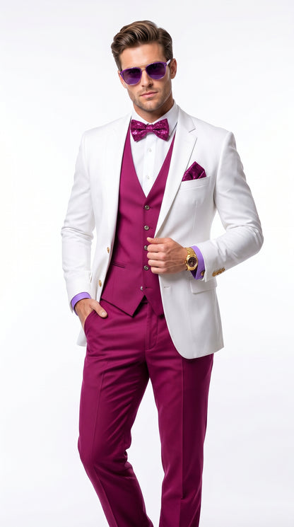 White and Burgundy Tuxedo Wedding Suit for Men – White Dinner Jacket with Burgundy Vest, Pants and Bow Tie