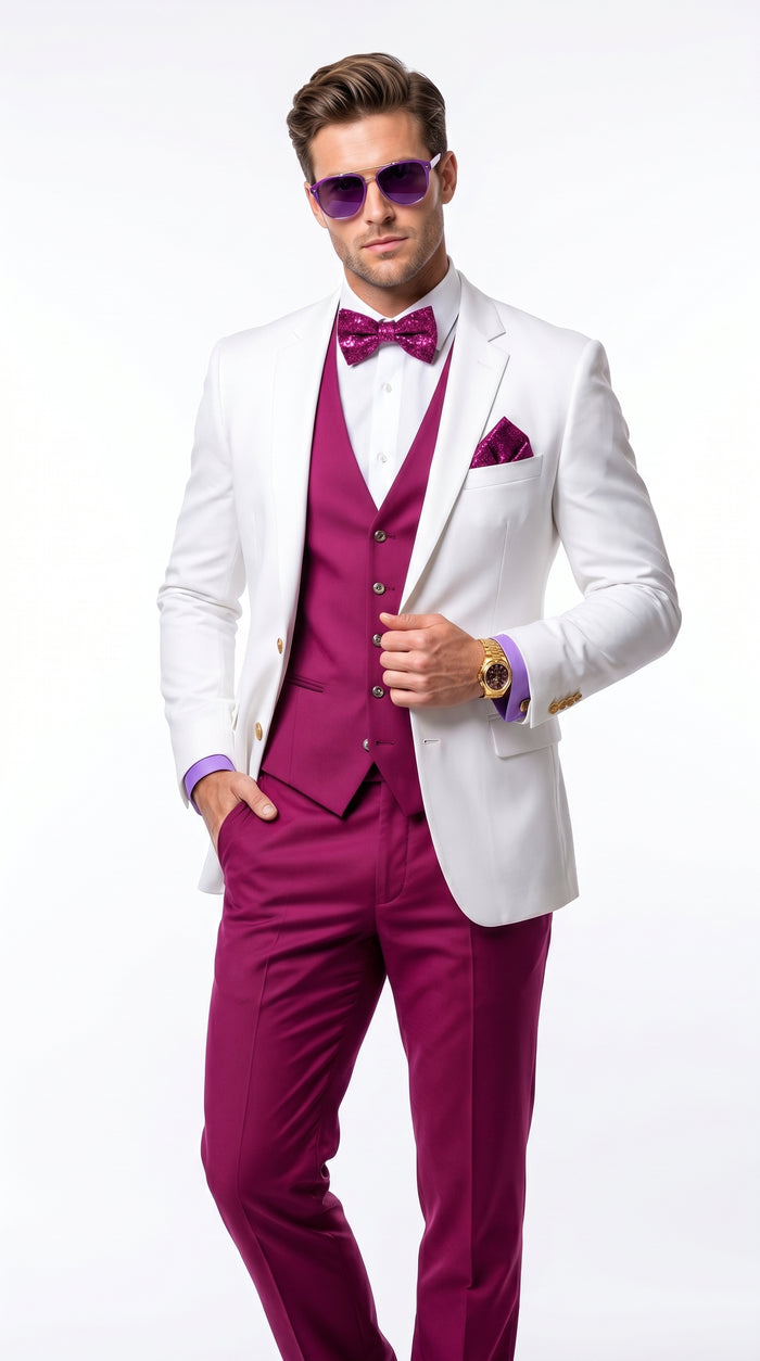 White and Burgundy Tuxedo Wedding Suit for Men – White Dinner Jacket with Burgundy Vest, Pants and Bow Tie