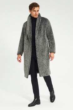Men’s Luxury Long Grey Faux Fur Coat – Winter Overcoat with Animal Print Design