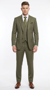 Men’s Olive Green Tone-on-Tone Shadow Pinstripe  3 Piece Suit – Modern Formal Suit with Vest Shadow Stripe