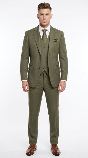 Men’s Olive Green Tone-on-Tone Shadow Pinstripe  3 Piece Suit – Modern Formal Suit with Vest Shadow Stripe