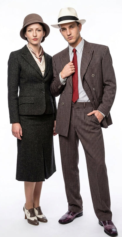 Men’s Brown Pinstripe Bonnie and Clyde Costume Suit – Vintage Gangster 1920s Outfit for Party, Halloween and Themed Events Modern Fit