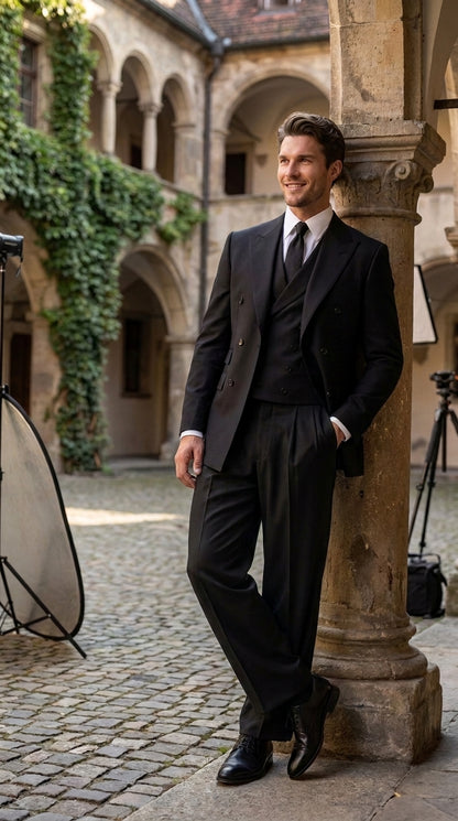 Tiglio Rosso Men’s Black Super 150’s Italian Wool 3-Piece Suit – Double-Breasted Jacket, Vest and Wide-Leg Pleated Pants