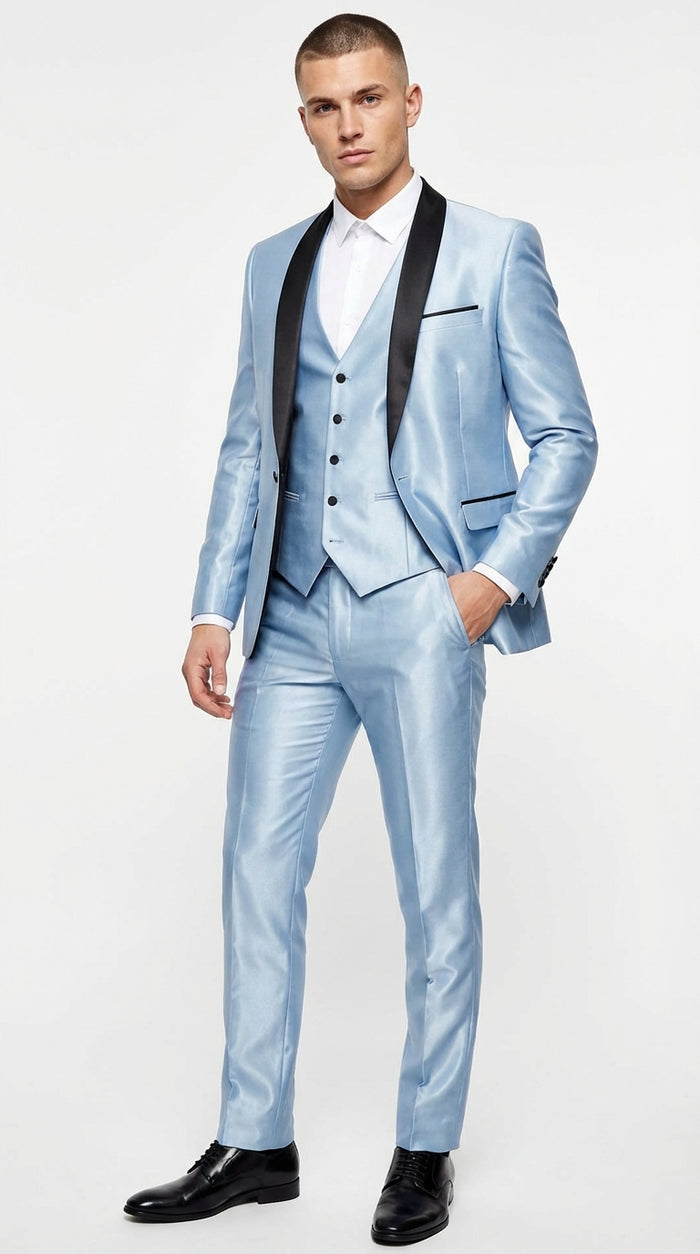 Men’s Light Blue Shiny 3 Piece Suit with Black Shawl Lapel | Formal Wedding Prom Suit - Sateen Sharskin Suit Modern Fit