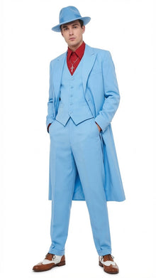 Men’s Light Blue 1920s Zoot Suit – Long Mafia Gangster Three-Piece Vintage Costume Set in Baby Powder Blue Color - Prom Wedding Suit