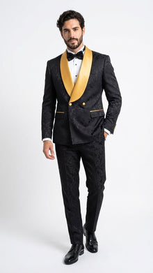 Men’s Black and Gold Jacquard Tuxedo Suit – Luxury Slim Fit Formal Wedding, Prom, and Gala Outfit