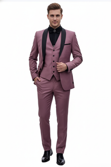 Men's Rose Pink Tuxedo Suit – Luxury Three-Piece Formal Wear with Black Satin Lapel Dusty Mauve Color